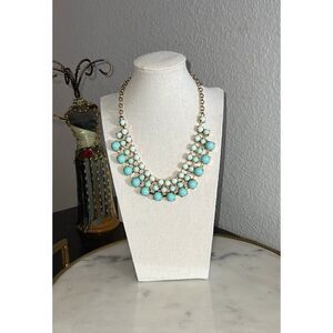Beaded Necklace vtg blue teal gold tone choker bib EUC